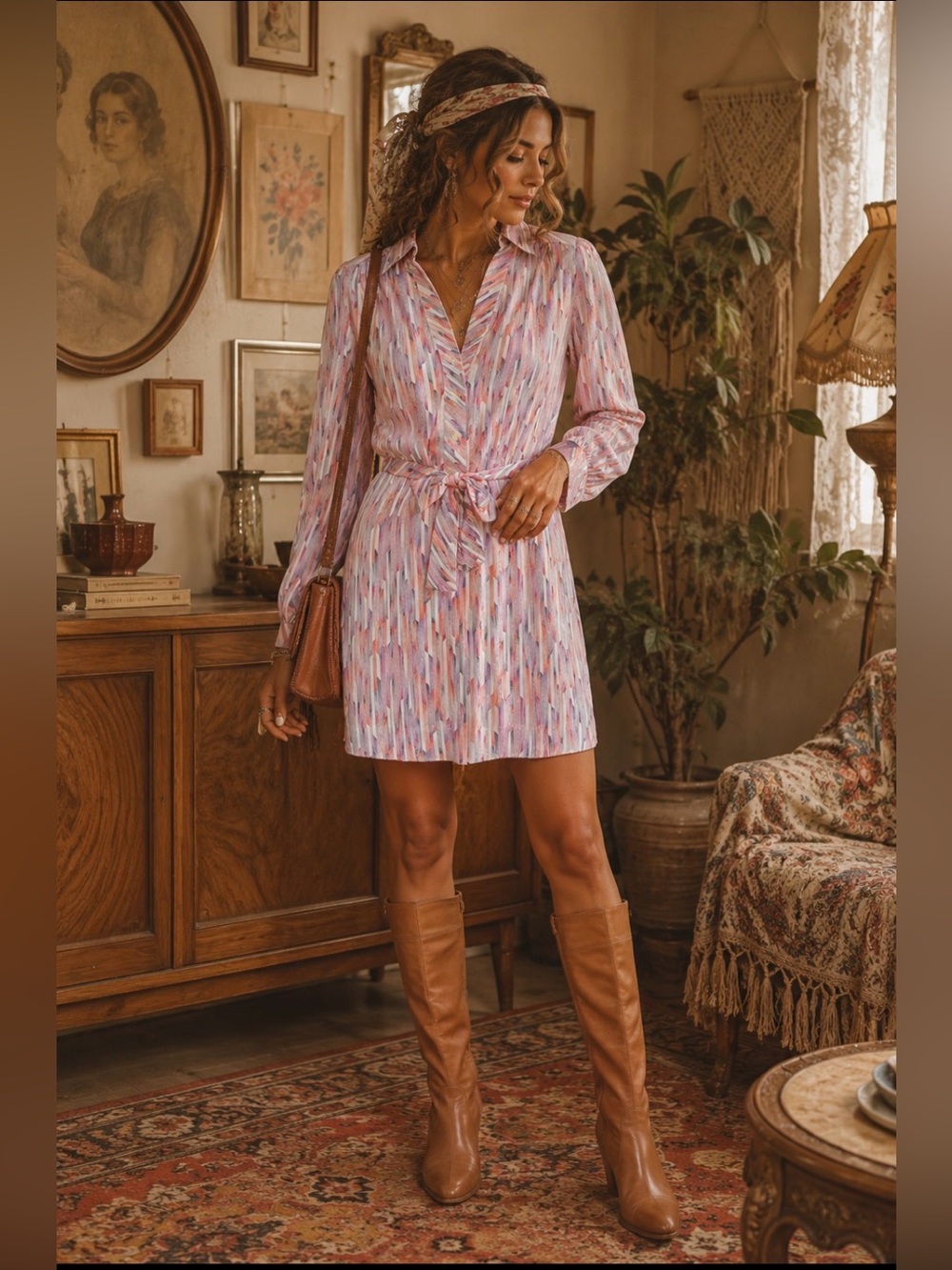 Vintage Cottage Core Retro Long Sleeve Pink Multi-Stripe Tie-Waist Dress Size 14